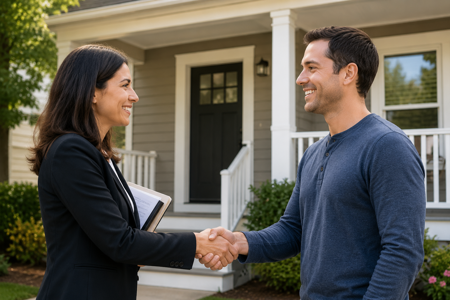 A woman in a black blazer and a man in a blue shirt smile and shake hands in front of a grey house