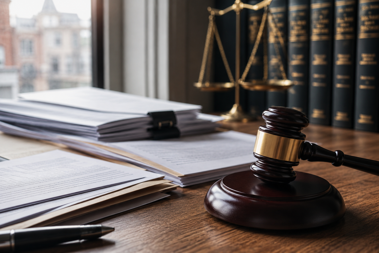 A wooden gavel rests on a desk cluttered with legal documents, a pen, and scales of justice. Law books line the background