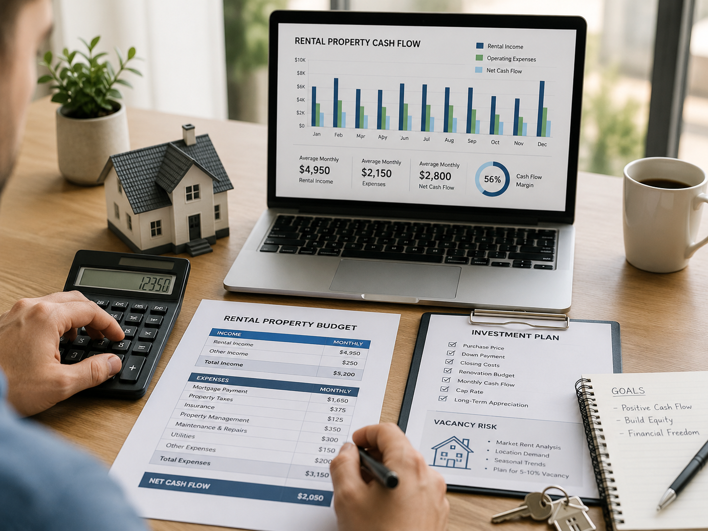 Man calculating rental property budget at a wooden desk with a laptop showing cash flow graphs. Nearby are a notepad, coffee cup, and model house.