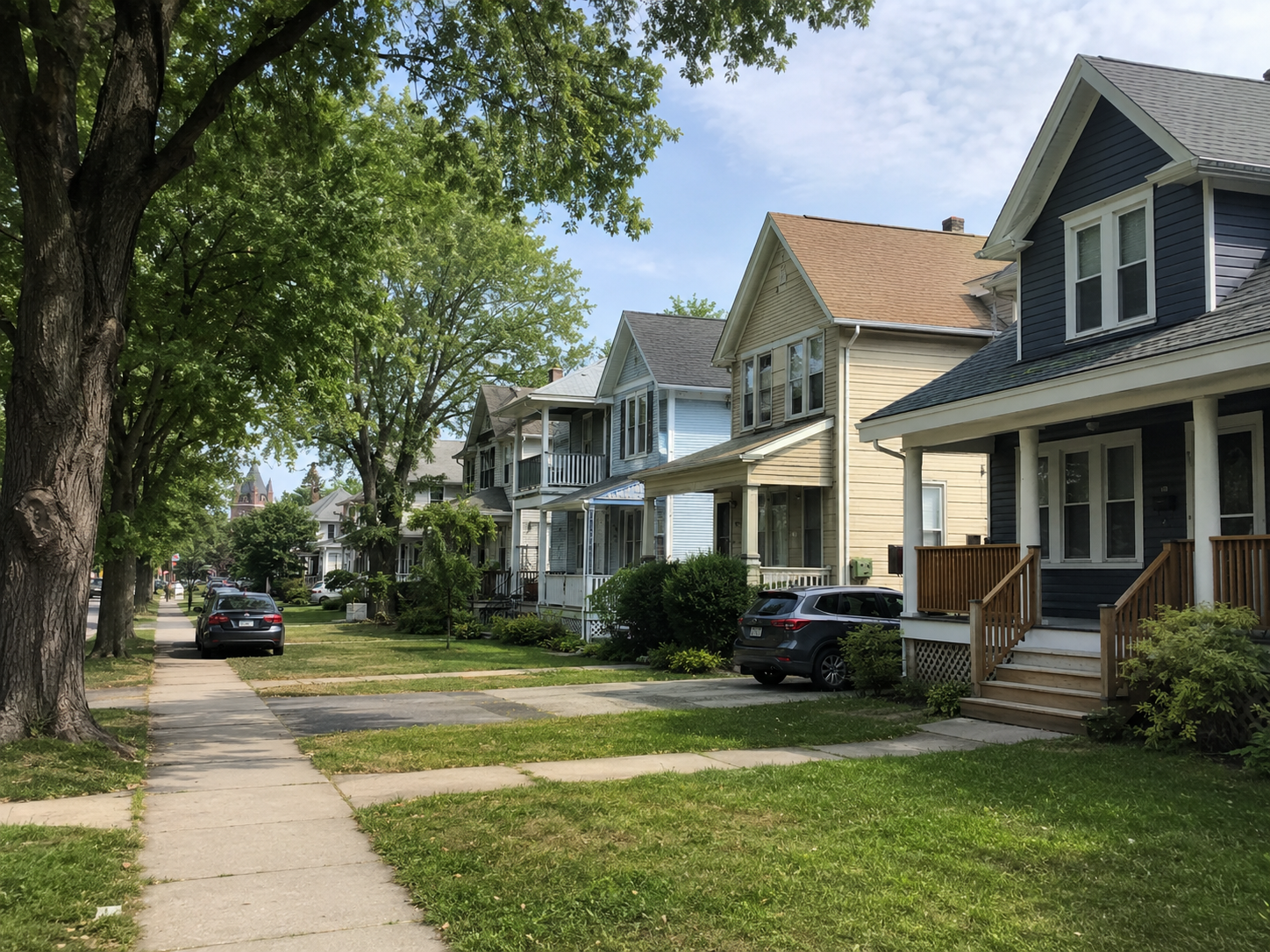 A row of colorful houses lining a quiet residential street under a clear blue sky.