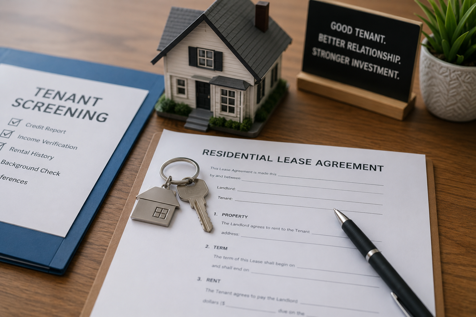 A residential lease agreement with keys and a small house model on a wooden table. Nearby are a tenant screening folder and an encouraging sign about tenancy.