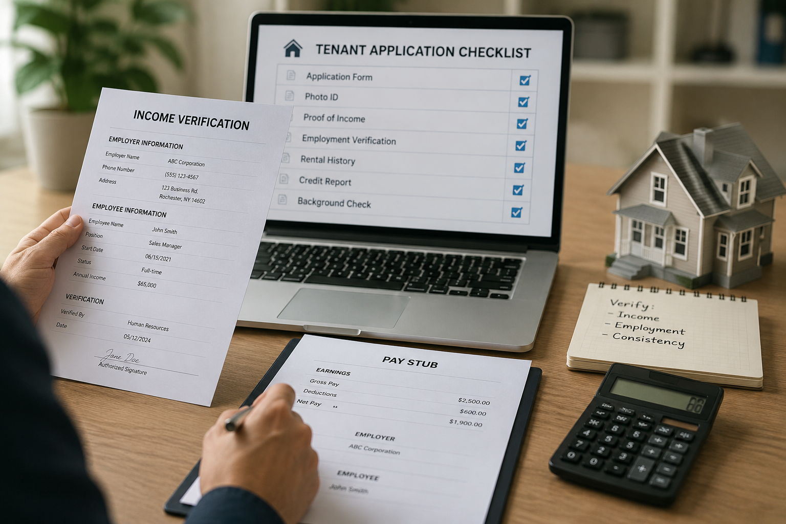 Person reviews an income verification form next to a laptop showing a tenant application checklist. Nearby are a calculator, model house, and notes.