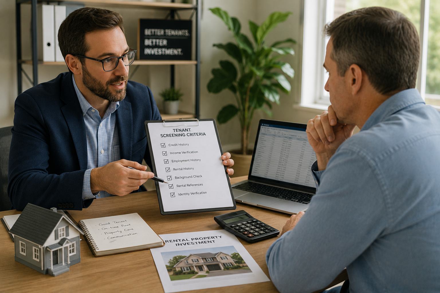A man in a suit shows a clipboard reading "Tenant Screening Criteria" to another man. A model house and documents are on the table, suggesting a real estate meeting.