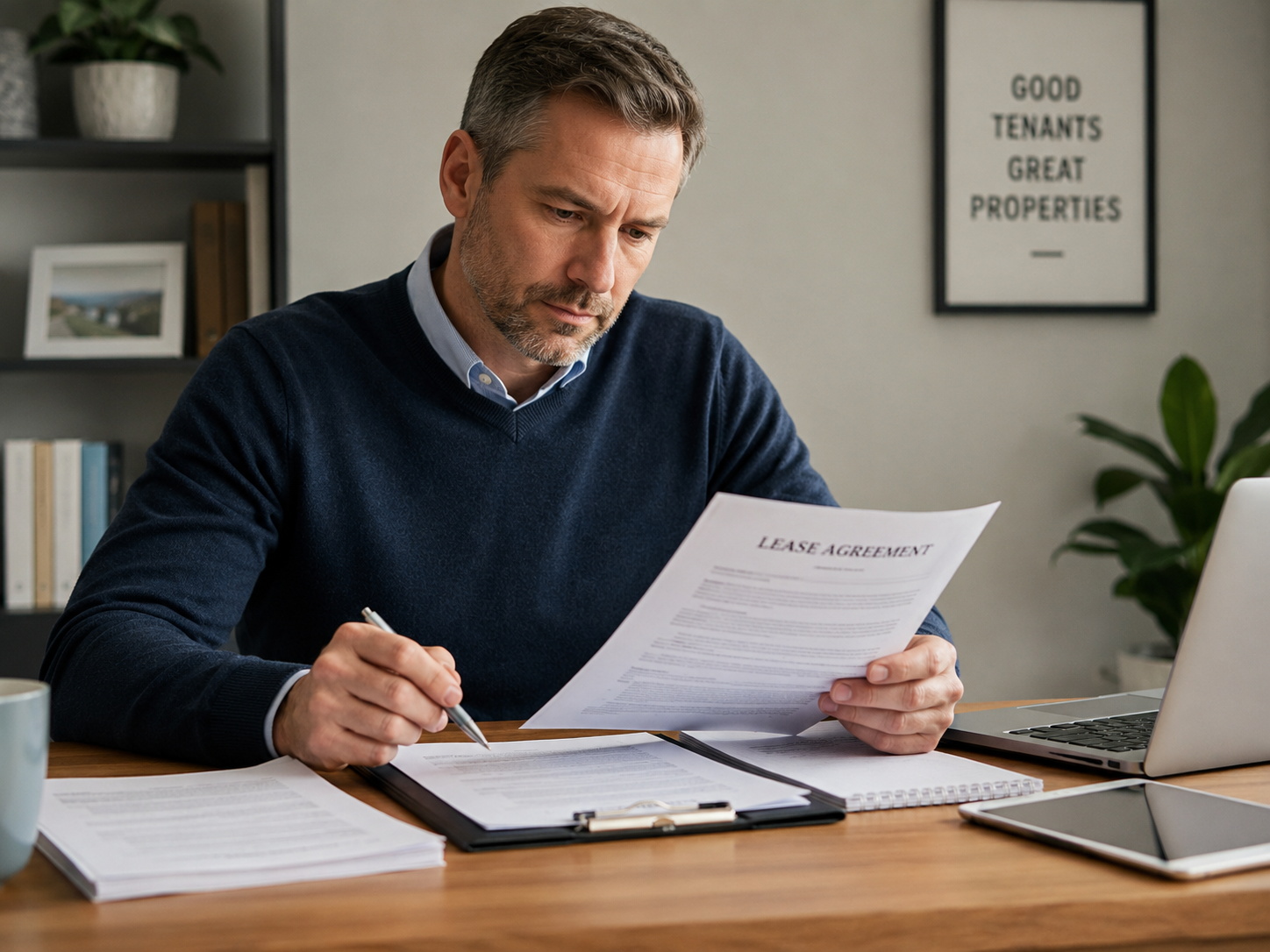 A man sits at a desk reviewing a lease agreement, with documents, a laptop, and a sign reading "Good Tenants Great Properties" in the background.